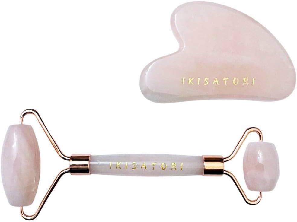 Rose Quartz Natural Stone Curved Facial Roller & Guasha Set - Jade Facial Massage and Face Sculpting Tool by Ikisatori (Rose Quartz)