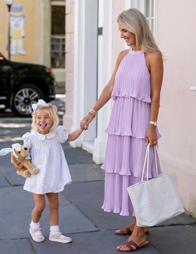 ZESICA Women's 2026 Summer Sleeveless Halter Neck Ruffle Tiered Layed Chiffon Flowy Swing Long Midi Dress