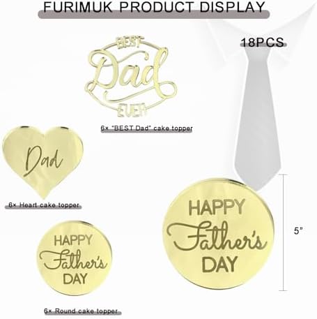 Furimuk 18 Pcs Happy Father's Day Acrylic Cupcake Toppers Heart Mirror Engraved Cake Topper Cupcake Decorations for Father's Day