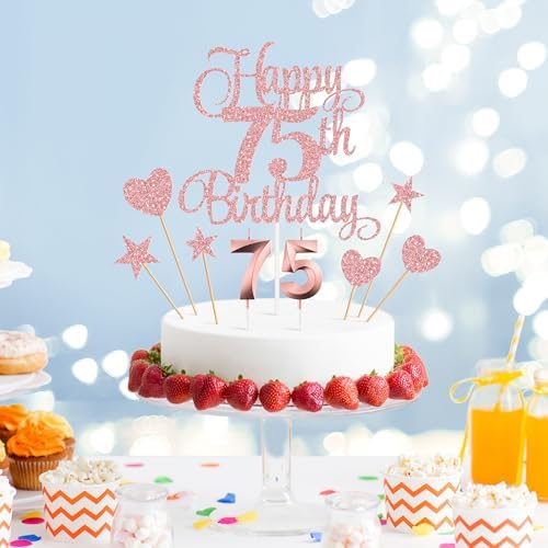 75th Birthday Cake Decorations, 75th Birthday Candles Cake Numeral Candles and Glitter Happy 75th Birthday Cake Toppers Set for Birthday Party Supplies (Rose Gold)