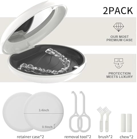 2 Pack Retainer Case with Mirror, Compatible with Invisalign, Orthodontic Aligner Case with Removal Tool and Brush, White