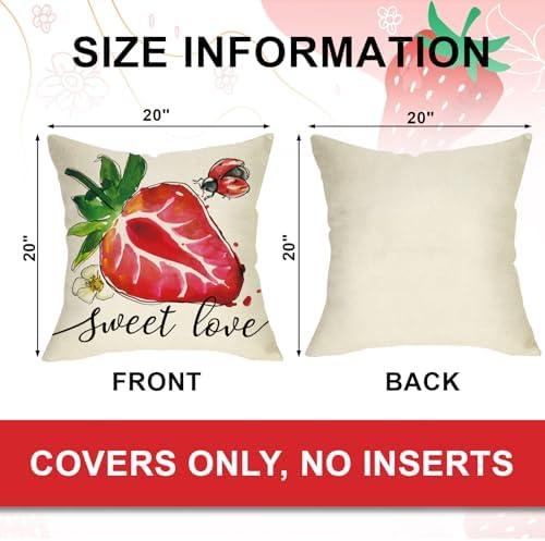 Spring Summer Strawberry Decorative Throw Pillow Covers 20 x 20 Set of 4, Life is Sweet Red Fruit Cushion Case Decor, Sweet Berry Seasonal Home Decoration for Sofa Couch