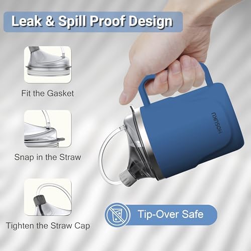 Spill-Proof Cup for Elderly, 13.5oz Stainless Steel Sippy Cup with Straw, Ideal for Seniors and Adults, Great for Water, Milk, and Soup (Blue), Health & Household Supplies