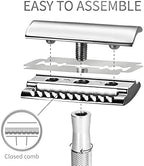 Bambaw Double Edge Safety Razor for Men with Stand, Reusable Metal Razor with 5 Double Edge Blades, Single Blade Razors for Men & Women – Silver