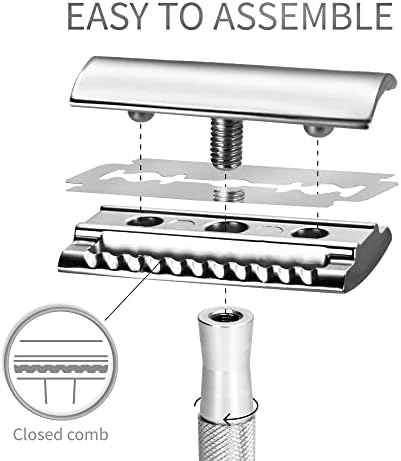 Bambaw Double Edge Safety Razor for Men with Stand, Reusable Metal Razor with 5 Double Edge Blades, Single Blade Razors for Men & Women – Silver