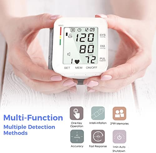 MMIZOO Wrist Blood Pressure Monitor Large LCD Display BP Machine Adjustable Cuff 5.31-7.68 inch Automatic 99x2 Sets Memory with Carrying Case for Home Use (White)
