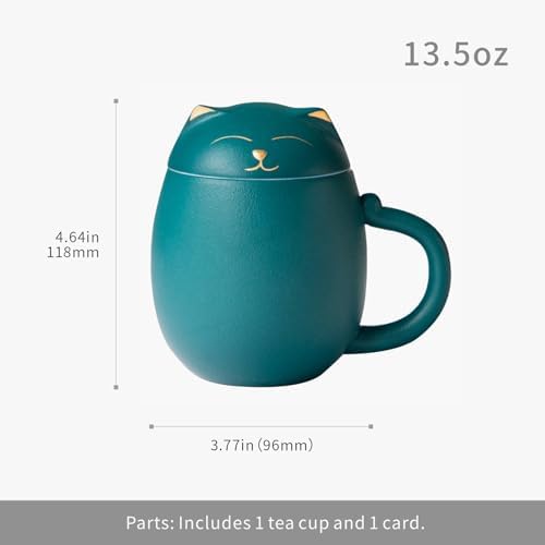 HEER Cat Tea Cup with Infuser and Lid - 13.5oz Ceramic Tea Mug - Cat Lover Gift for Friends Family. (Green)