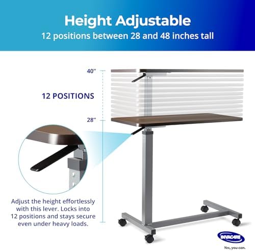 Invacare Bed Table, Height Adjustable Overbed Table, Hospital Bedside Table, Medical Rolling Desk with Wheels, Waterproof Medical and Home Use L-Shaped Steel Base Over Bed Tray Table