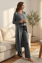 Opemiby Womens Pajamas Set Knitted T Shirt and Pants Lounge Set with Cardigan 3 Pieces Sleepwear Pjs Sets Loungewear