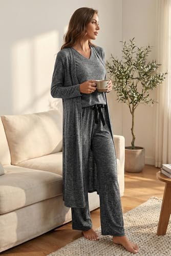 Opemiby Womens Pajamas Set Knitted T Shirt and Pants Lounge Set with Cardigan 3 Pieces Sleepwear Pjs Sets Loungewear