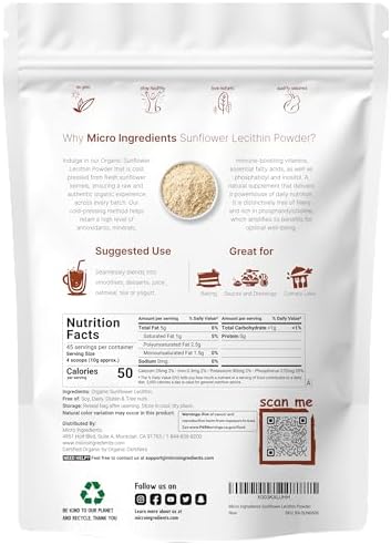 Organic Sunflower Lecithin Powder, 1 Pound, Sustainable Farmed, Cold Pressed, Rich in Phosphatidyl Choline and Protein, Making Liposomal Vitamin C, Lactation Supplement, Non-GMO