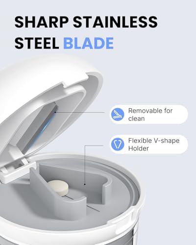 4-in-1 Pill Cutter with Crusher, Storage & Cups - Precise Cutting for 0.85in Pills, Stainless Steel Blade, Ergonomic Design (White)