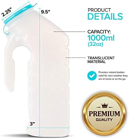 Male Urinal with Glow in The Dark Lid (1 Bottle) 32 Oz Urine Bottle for Men - Pee Bottle for Hospitals, Emergency and Travel