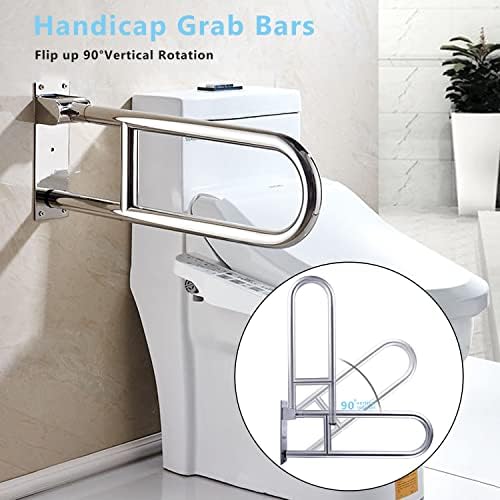 23.6 INCH Toilet Grab Bars for Bathroom Stainless Steel Flip Up Handicap Safety Grab Bar Rails for Elderly Seniors Bathtubs Showers Foldable Handle Grips Support for Walls Drop Down Screw-in Grab Bar