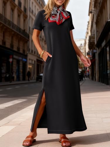 ANRABESS Womens Summer Casual Maxi Dress Short Sleeve Crewneck Split Wrinkle-Free Travel Long Sundress Beach Vacation Clothes