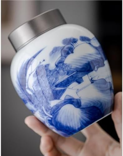 Airtight Tea Container Vintage Blue and White Porcelain Bulk Tea Storage Jar Chinese Style Ceramic Sealed Metal Double Cover Ceramic Tea Caddy(Small)