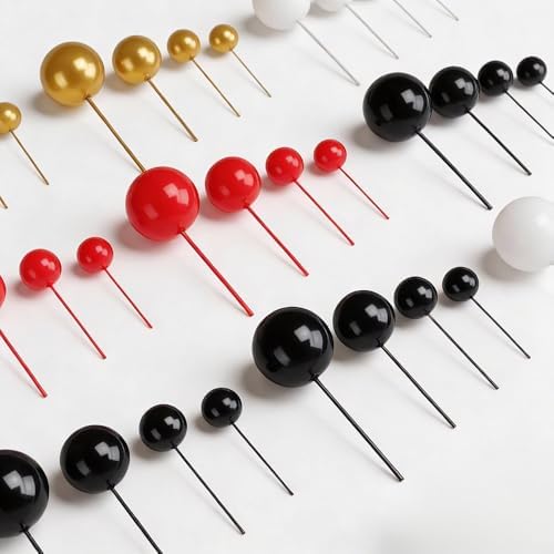 32 Pcs Balls Cake Topper Decorations, Balloon Cupcake Toppers, Cake Balls Decorations for Birthday Wedding Anniversary Party Supplies (Black, Red, Gold)