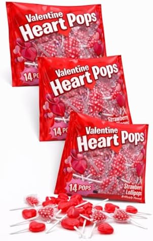 Valentine Heart Pops Strawberry Lollipops, Red Heart Shaped Hard Candy Suckers, Individually Wrapped, 42 Count