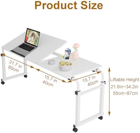 Overbed Desk with Wheels, Adjustable Height Over The Bed Table, King Queen Mobile Over Bed Desk, Overbed Table with Tiltable Tabletop for Laptop and Bedroom Work (White, 47 * 16IN Tiltable)