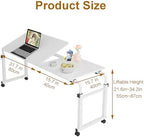 Overbed Desk with Wheels, Adjustable Height Over The Bed Table, King Queen Mobile Over Bed Desk, Overbed Table with Tiltable Tabletop for Laptop and Bedroom Work (White, 47 * 16IN Tiltable)