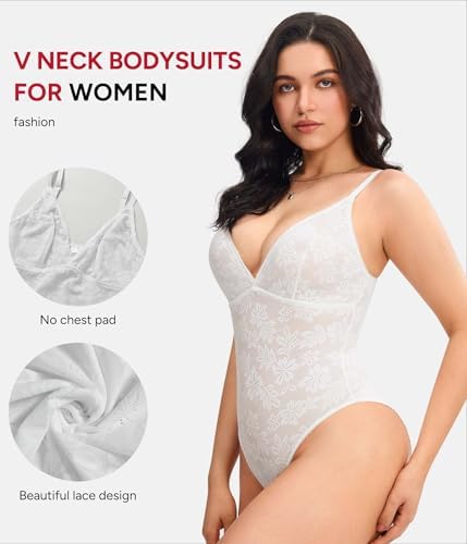 Nebility Lace Bodysuit for Women Tummy Control Shapewear V Neck Body Suits