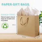 Plauthus Brown Gift Bags with Handles, 4 Pack Large Gift Bags with Tissue Paper, Kraft Paper Gift Bags for Shopping, Party，Birthday, Wedding, Graduation, and Holiday (12.5” x4.5” x11”)