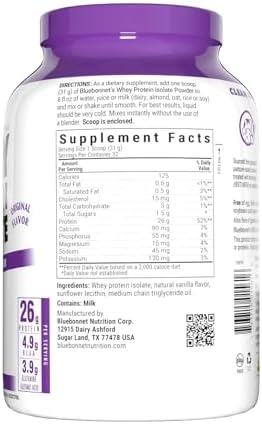 Bluebonnet Nutrition Whey Protein Isolate Powder, Whey from Grass Fed Cows, 26 Grams of Protein, No Sugar Added, Gluten Free, Soy Free, Kosher Dairy, 2.2 lbs, 32 Servings, Original Unflavored