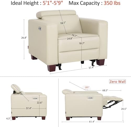 MCombo Zero Wall Recliner Chair, Wall Hugger Power Recliner Chair with Adjustable Headrest, High Wood Leg, USB & Type C Dual Charge Ports, for Living Room, Small Spaces, HL128 (Faux Leather, Beige)