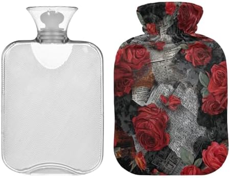 Newspapers Red Roses Art Retro hot Waterbottle with Soft Cover, 1L Water Bottle Bag for Neck Shoulder Warmer