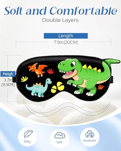Sleep Mask for Kids - Valentines Gift for Kids Cute Silk Eye Cover for Sleeping Soft Kawaii Eyeshade Animal Eye Blindfold with Adjustable Strap for Boys Teens, Dinosaur