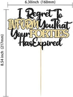 Ephlyn 1Pcs Happy 50th Birthday Cake Topper Black Gold Glitter I Regret to Inform You That Your Forties Has Expired Cake Pick Cheers to 50 Years Cake Decorations for Funny 50th Birthday Party Supplies
