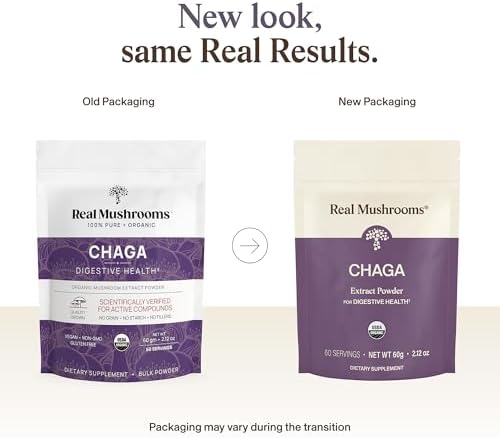 Real Mushrooms Chaga Mushroom Powder – Organic Chaga Extract from Fruiting Body – for Daily Wellness & Energy Support – Vegan, Non-GMO, 60 Servings Mushroom Supplement