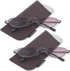 2 Pack Half Moon Shaped Frame Reading Glasses Spring Hinge Flat Top Slim Frame Men Women Tinted Outdoor Reading Glasses with Pouch Gunmetal +1.50