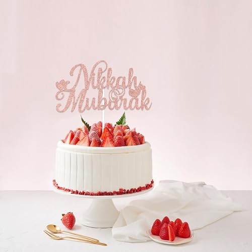 Nikkah Mubarak Cake Topper Muslim Islam Wedding/Engagement Party Decorations Ramadan Mubarak Happy Eid Festival Anniversary Party Deor Sign Rose Gold Glitter