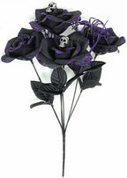 Gothic Halloween Artificial Rose Bouquet, Black Purple Flowers with Glitter Spiders, Skull Decorations, 2-Pack