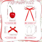 Chunful 30 Pcs Cherry Bouquet Decorations Valentine's Day Red Artificial Cherry Cake Decorations Pearl Bows for Bouquets Red Bow Cupcake Toppers for Birthday Flowers Wedding Party Decor