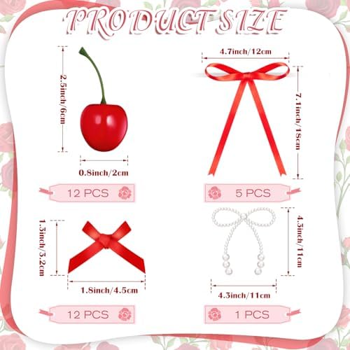 Chunful 30 Pcs Cherry Bouquet Decorations Valentine's Day Red Artificial Cherry Cake Decorations Pearl Bows for Bouquets Red Bow Cupcake Toppers for Birthday Flowers Wedding Party Decor