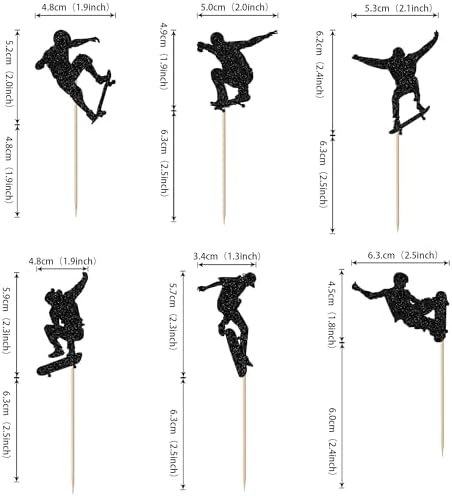 24 PCS Skateboard Cupcake Toppers Black Glitter Skateboarding Cupcake Picks Sport Skating Theme Bachelorette Birthday Party Cake Decorations Supplies