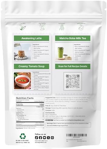 Micro Ingredients Whole Milk Powder, 4 lb | Pasture-Raised, rBST-Free | Pure & Rich in Protein | Ideal for Baking & Everyday Use | Non-GMO, Gluten-Free, Premium Grade