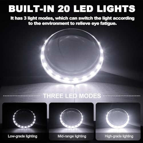 30X Charge Magnifier with Light, NUEYiO 4.33Inch Large Handheld Magnifying Glass with Light, 20 Daylight LEDs & Third Gear Dimming Lighted Magnifying Glass for Seniors Reading Inspection Coin Jewelry