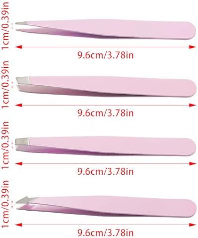 4 Piece Pink Professional Precision Tweezers Set, Stainless Steel Eyebrow Plucker Tweezers Travel Bag, High Precision Tweezers for Facial Hair/Chin/Ingrown Hair Removal