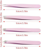 4 Piece Pink Professional Precision Tweezers Set, Stainless Steel Eyebrow Plucker Tweezers Travel Bag, High Precision Tweezers for Facial Hair/Chin/Ingrown Hair Removal