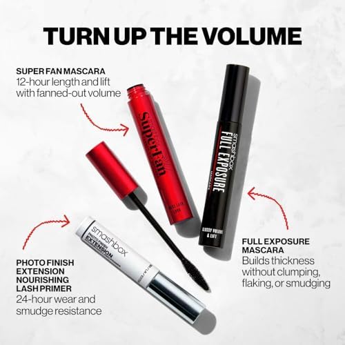 Smashbox Super Fan Lash Lengthening Mascara, 12-Hour Length and Lift, 0.34 Fl Oz, Black + Always Sharp Longwear Waterproof Kohl Eyeliner Pencil with Self-Sharpening Cap, Raven - Bundle