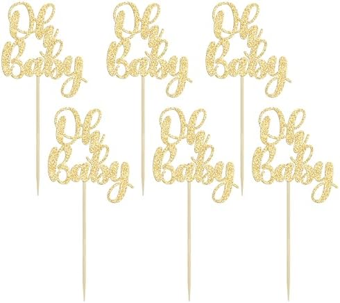 Gyufise 36 Pack Oh Baby Cupcake Toppers Glitter Baby Shower Cupcake Picks Decorations for Celebrating Baby Shower Kids Birthday Party Supplies Gold