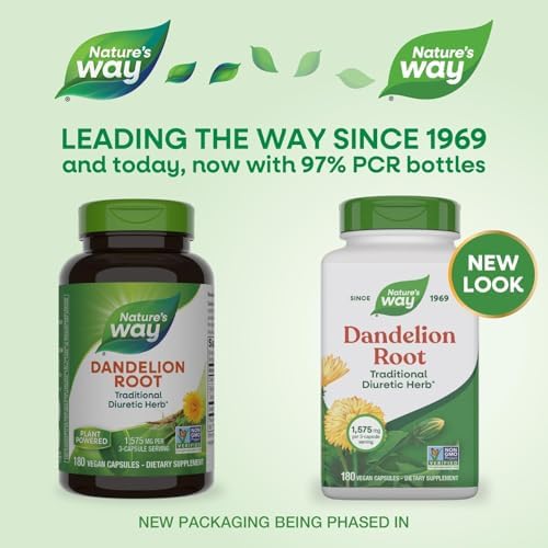 Nature's Way Dandelion Root, Traditional Diuretic Herb*, Traditionally Used to Soothe Digestive Upset*, Vegan, 180 Capsules (Packaging May Vary)