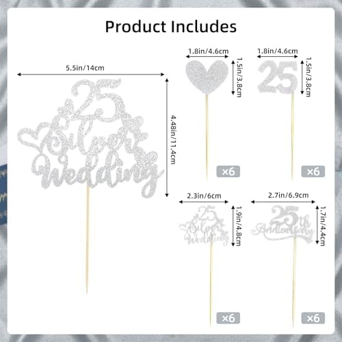 Happy 25th Anniversary Cake Topper and 24pcs Anniversary Cupcake Toppers Set, Silver Glitter Happy 25th Wedding Anniversary Decorations Party Supplies