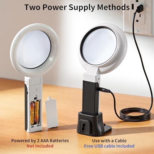 JARLINK Magnifying Glass with Light and Stand, 3-Mode Illuminated Magnifying Glass for Seniors Reading & Close Work, Handheld/Foldable Design with USB/Battery Power for Jewelry, Coins, Crafts