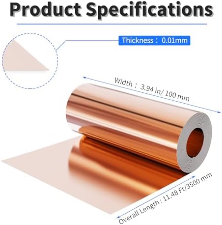 3.5M/11.5FT Copper Sheet Roll 3500x100x0.01mm(LxWxT) Metal Foil Roll Strip 99.9% Pure Copper Flashing Cu Metal Sheet for DIY Projects, Electrical & Craft Making