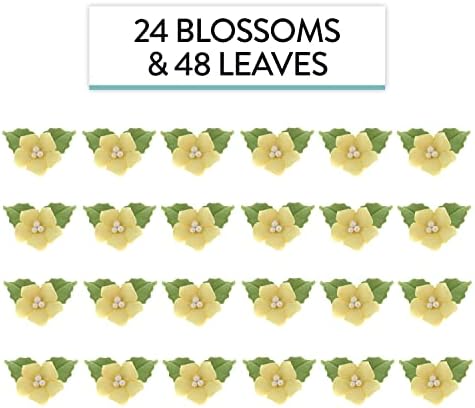 Global Sugar Art Blossoms and Leaves Edible Sugar Cake & Cupcake Flowers, Yellow, Small Unwired, 24 Count with Leaves by Chef Alan Tetreault