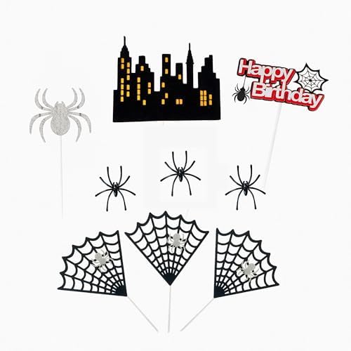 10 PCS Spider Cake Topper Set Decorations,Cupcake Toppers, Kids Superhero Theme Birthday Party Supplies, Happy Birthday Supplies for Boys and Men